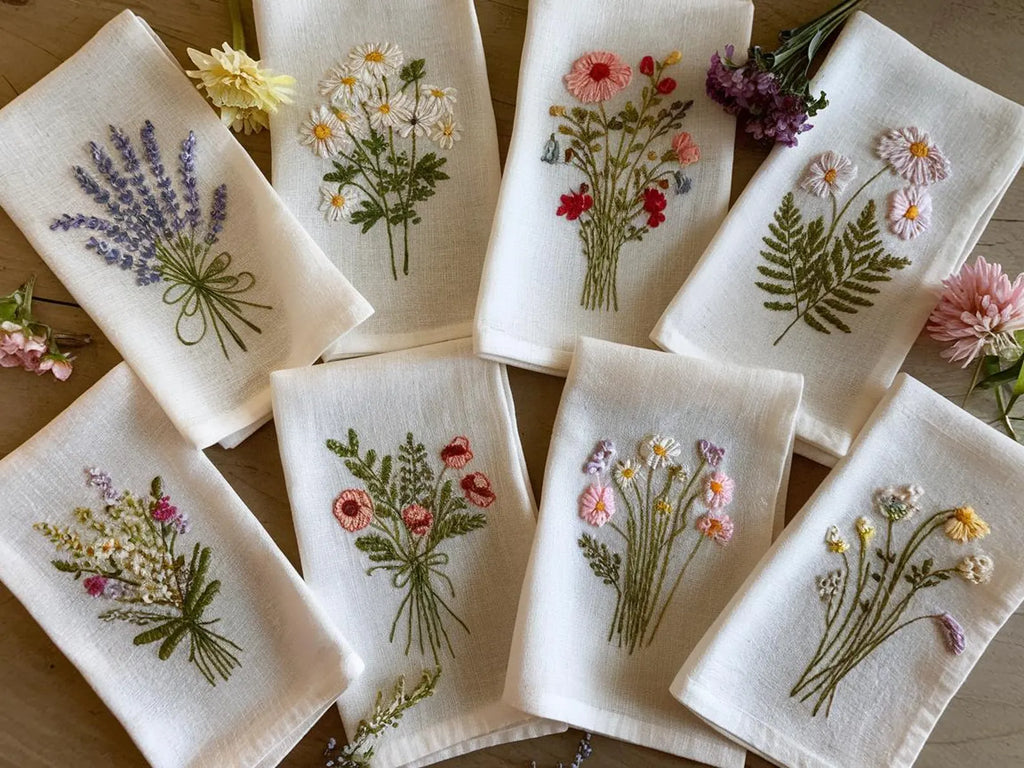 Embroidered Linen Napkins Wildflower Bouquet Design Set
