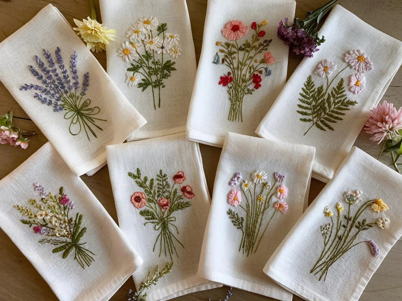 Embroidered Linen Napkins Wildflower Bouquet Design Set