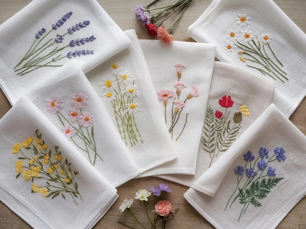 Embroidered Linen Napkins Wildflower Bouquet Design Set