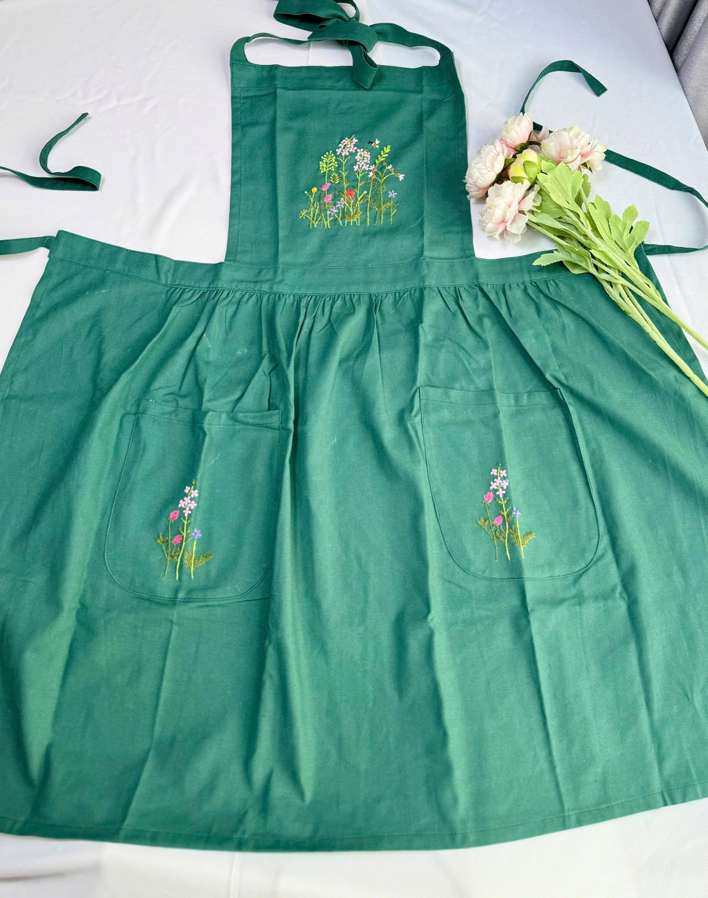 Personalized Floral Hand Embroidered Linen Apron for Women
