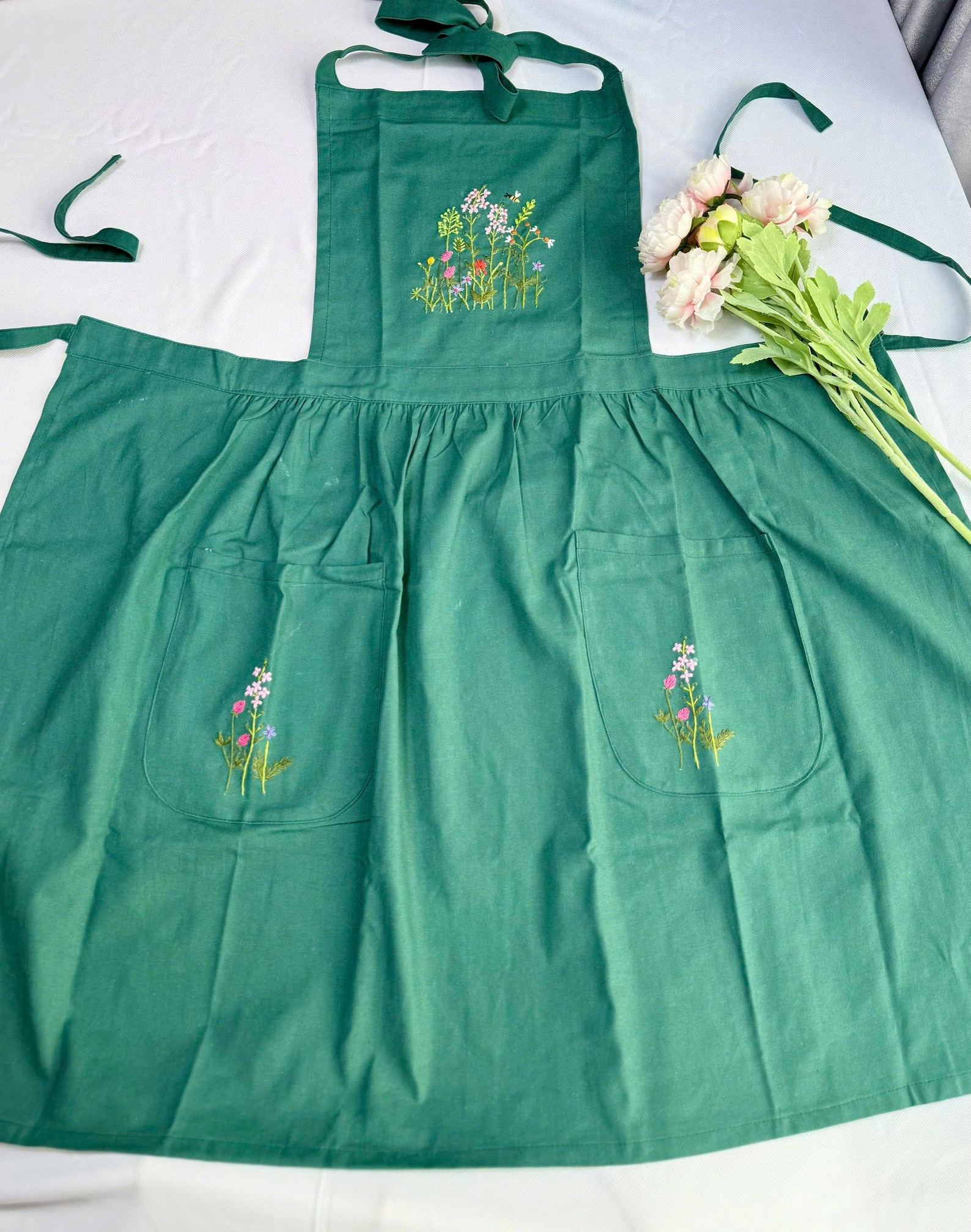 Personalized Floral Hand Embroidered Linen Apron for Women