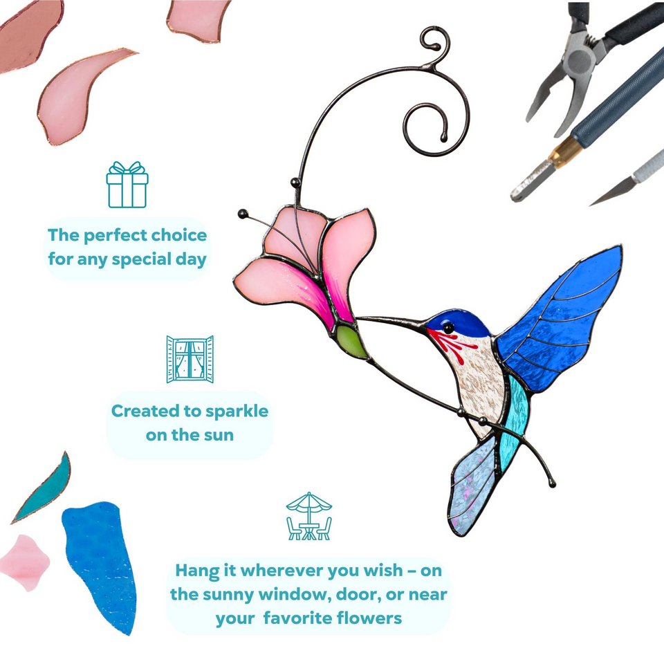 Hummingbird Stained Glass Flower Suncatcher Window Decor