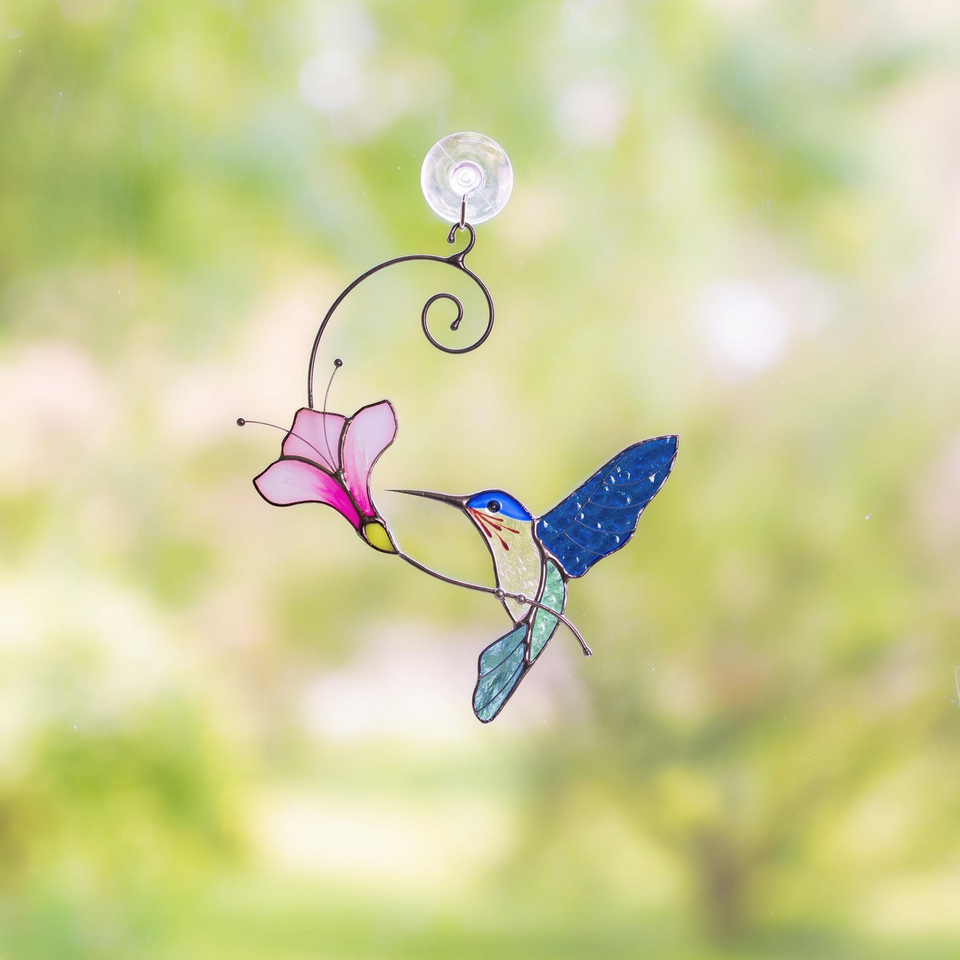 Hummingbird Stained Glass Flower Suncatcher Window Decor