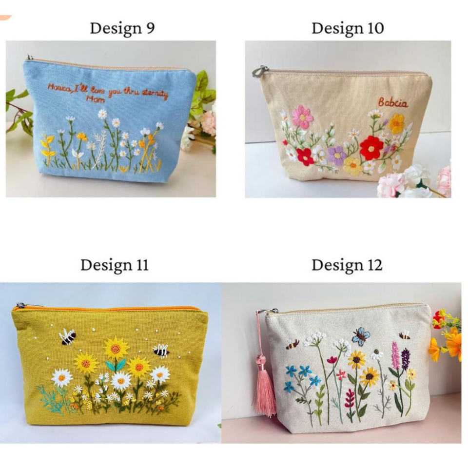 Personalized Hand Embroidered Linen Cosmetic Bag