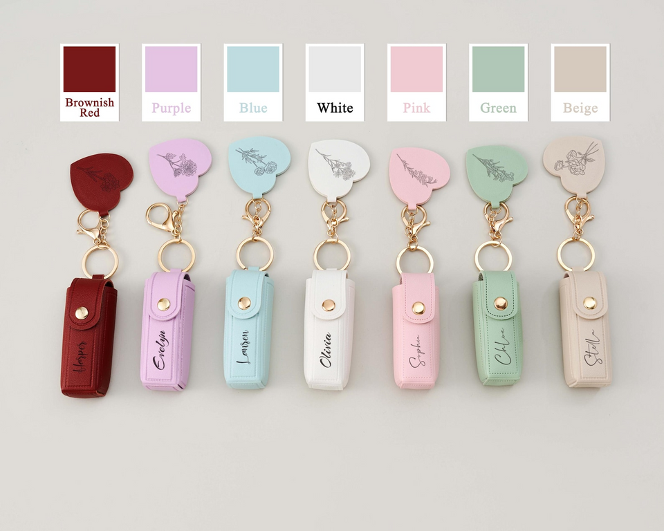 Personalized Birth Flower Lipstick Keychain Case