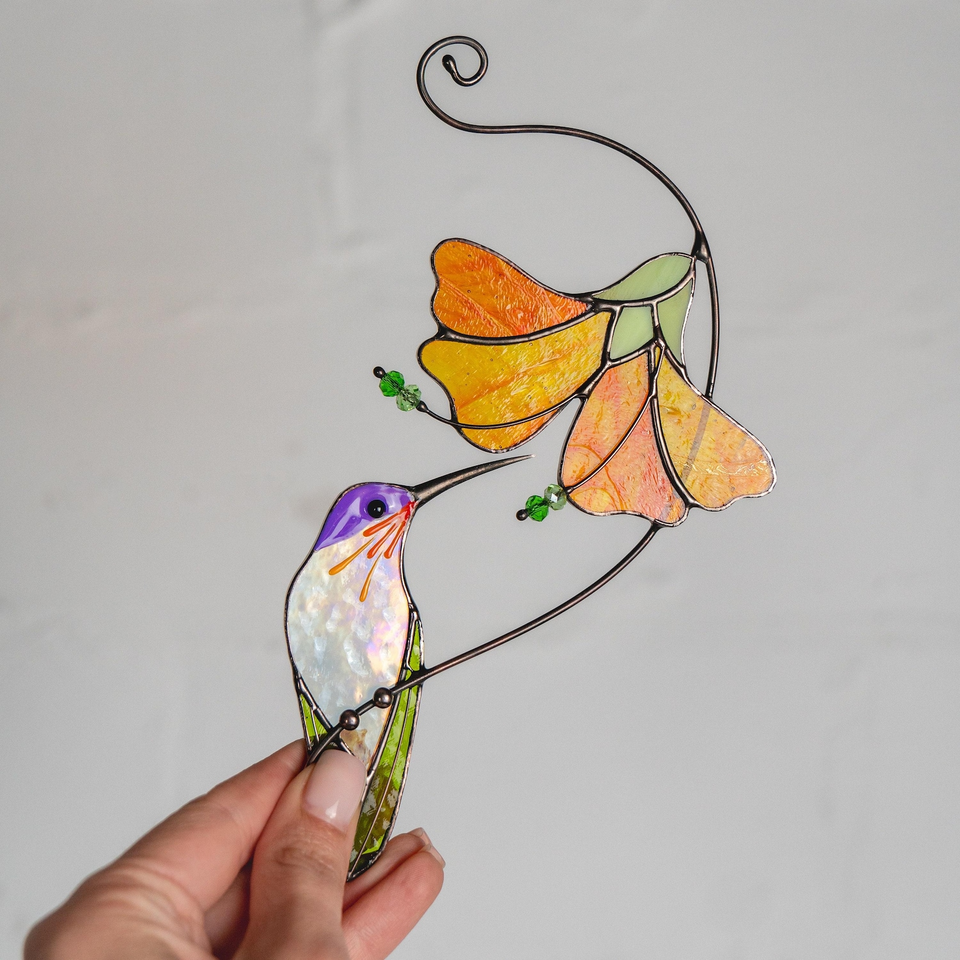 Hummingbird Stained Glass Suncatcher Flower Window Decor