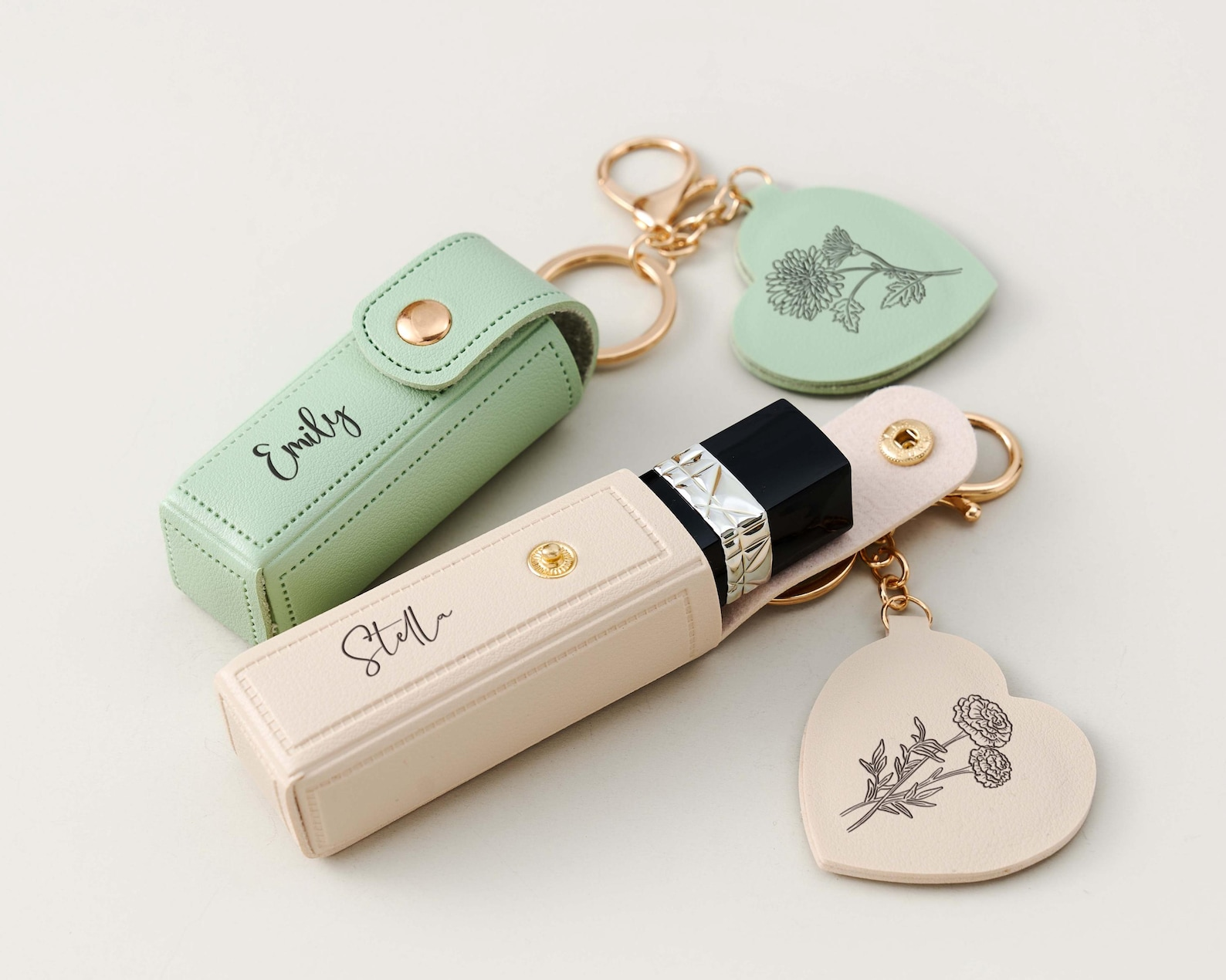 Personalized Birth Flower Lipstick Keychain Case