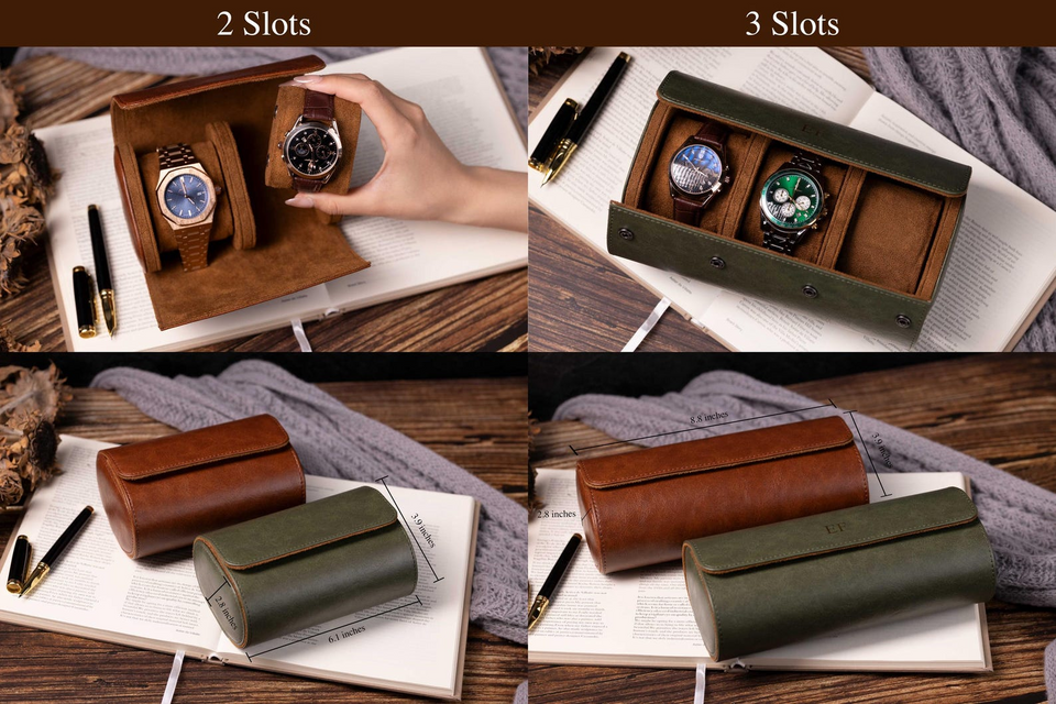 Personalized Green Leather Watch Box & Travel Roll