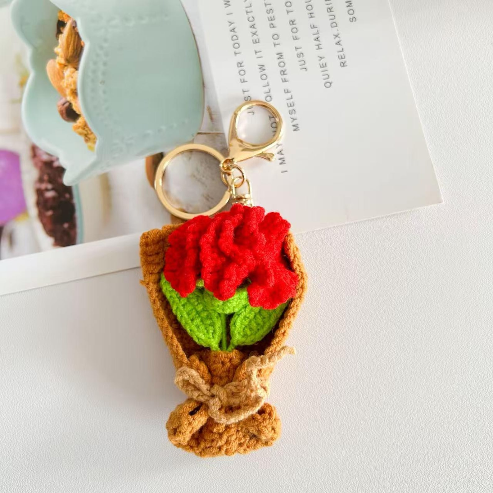 Handmade Crochet Flower Keychain Sunflower Tulip Rose