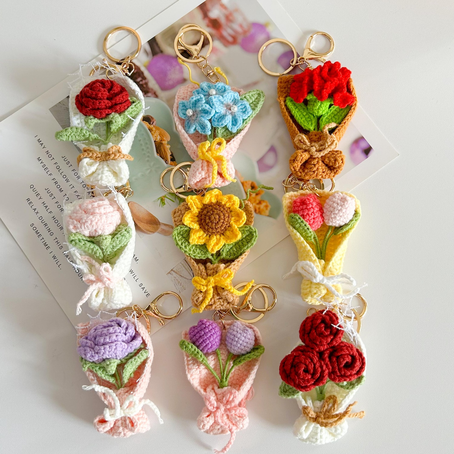 Handmade Crochet Flower Keychain Sunflower Tulip Rose