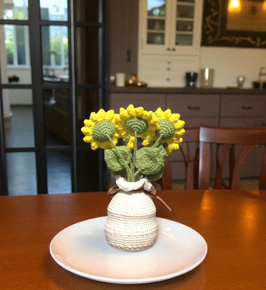 Handmade Crochet Sunflower Bouquet in Yarn Vase