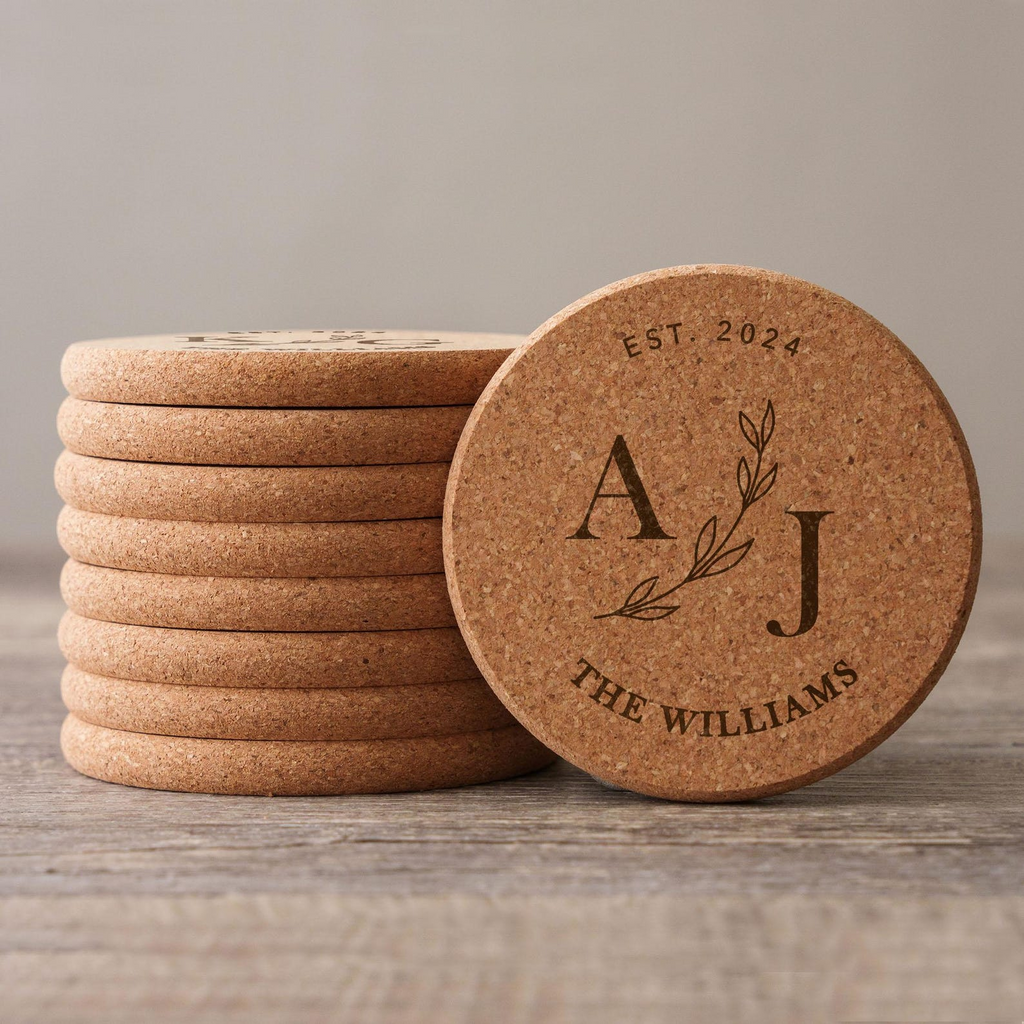 Set of 100 Personalized Engraved Cork Coasters for Weddings