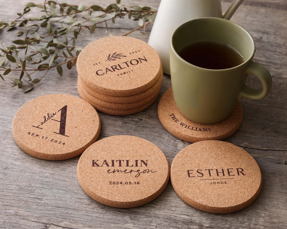Set of 100 Personalized Engraved Cork Coasters for Weddings
