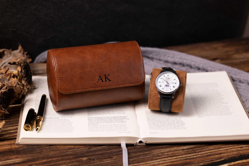 Personalized Green Leather Watch Box & Travel Roll