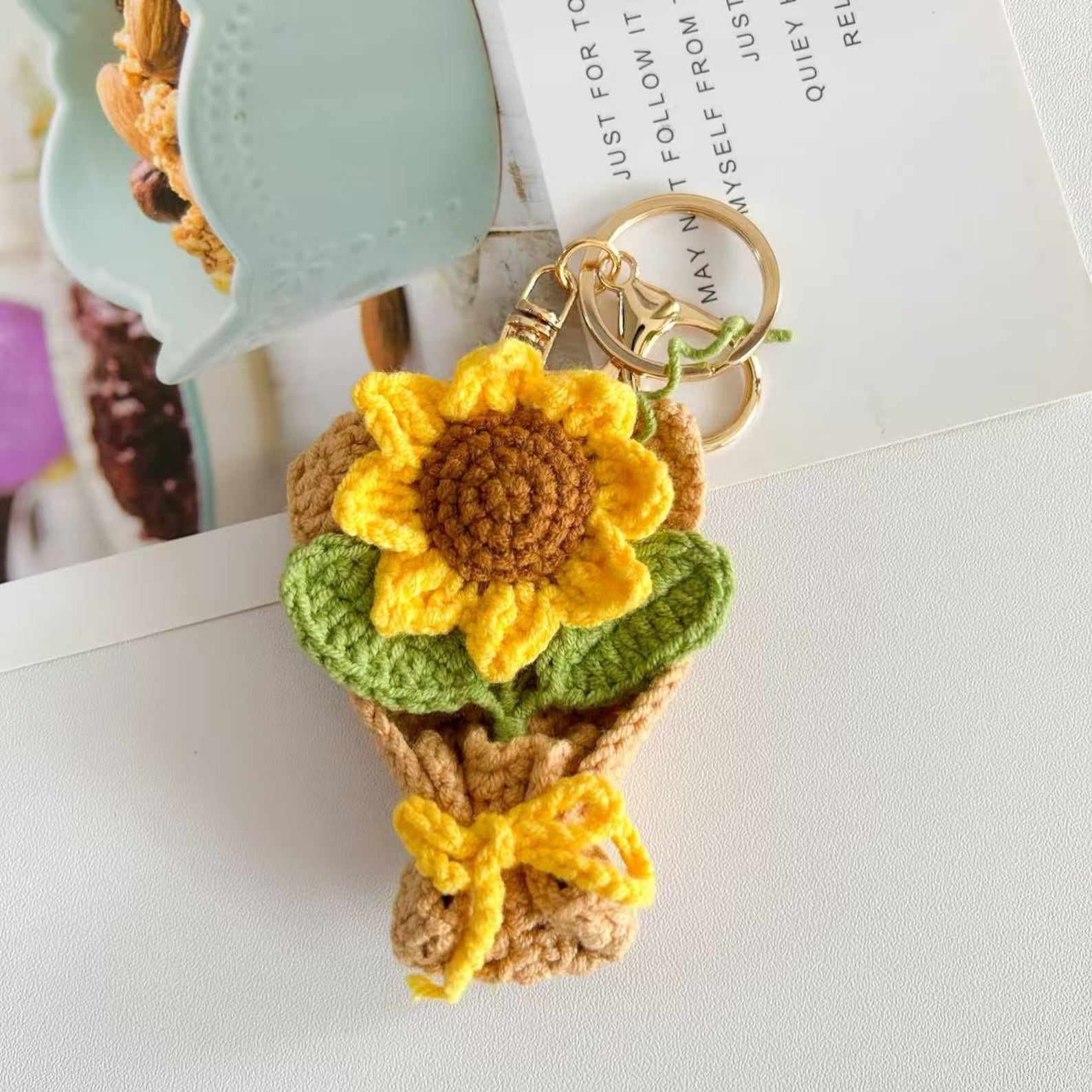 Handmade Crochet Flower Keychain Sunflower Tulip Rose