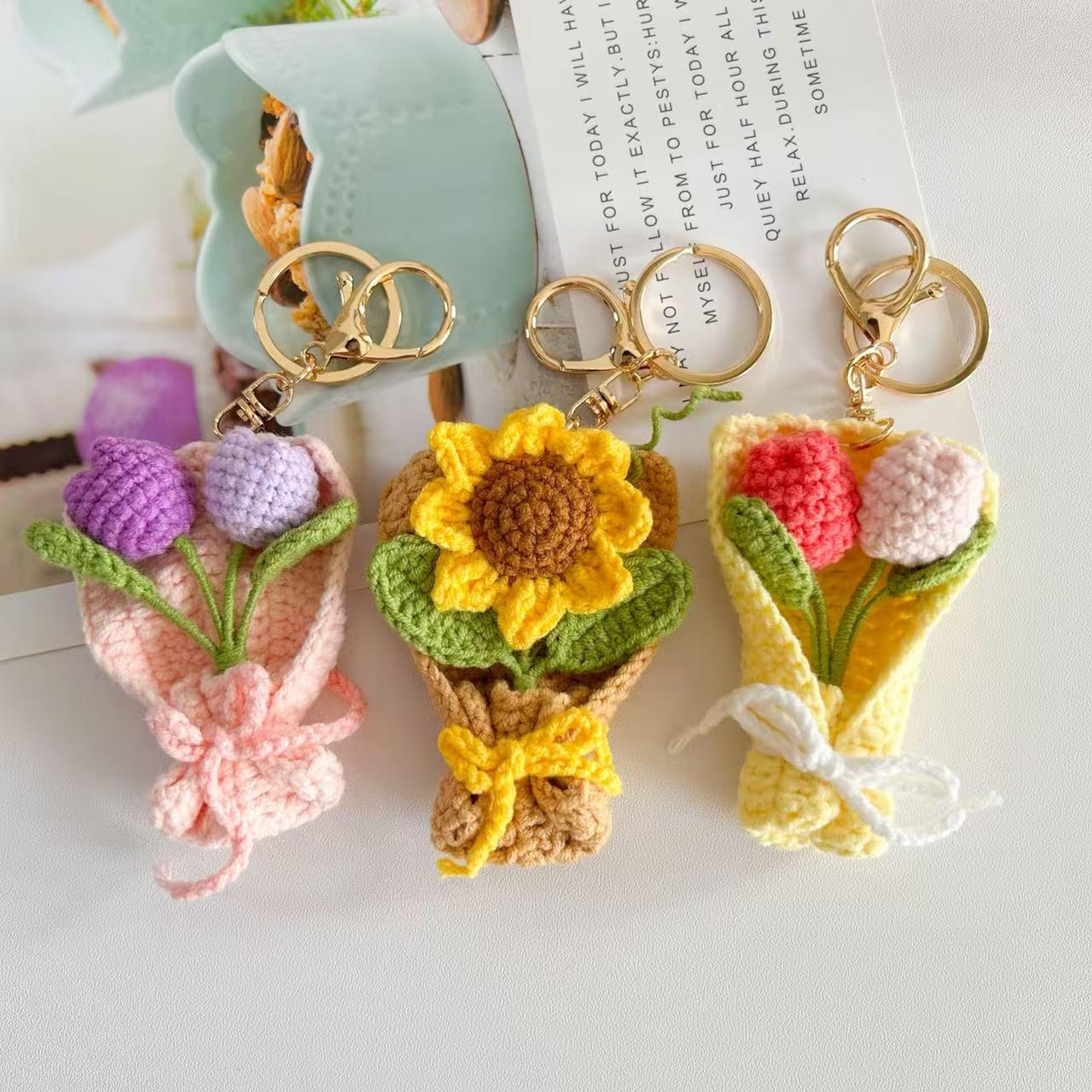 Handmade Crochet Flower Keychain Sunflower Tulip Rose