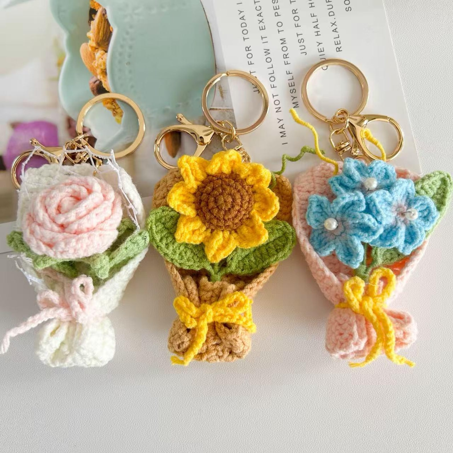 Handmade Crochet Flower Keychain Sunflower Tulip Rose