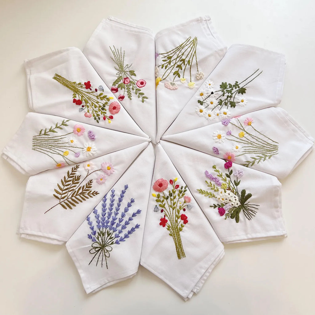 Embroidered Linen Napkins Wildflower Bouquet Design Set
