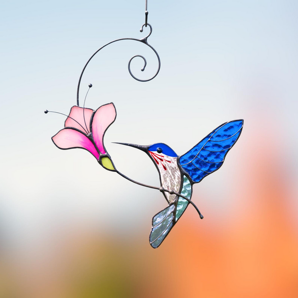 Hummingbird Stained Glass Flower Suncatcher Window Decor