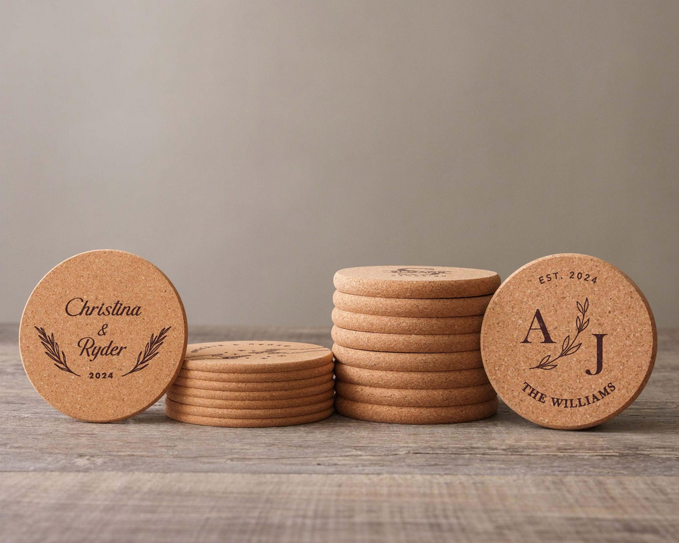 Set of 100 Personalized Engraved Cork Coasters for Weddings