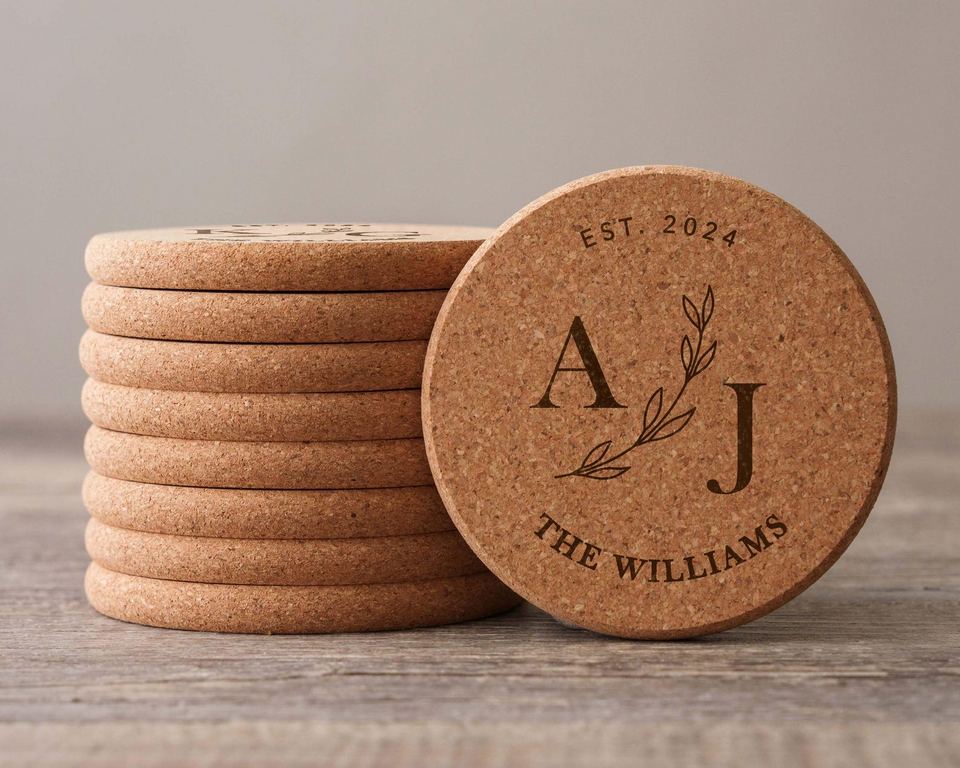 Set of 100 Personalized Engraved Cork Coasters for Weddings