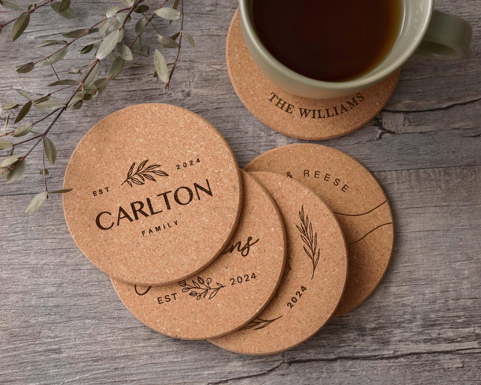 Set of 100 Personalized Engraved Cork Coasters for Weddings
