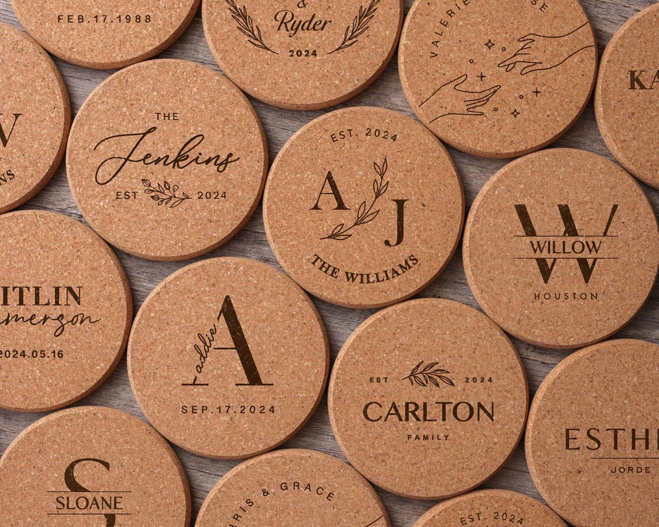 Set of 100 Personalized Engraved Cork Coasters for Weddings