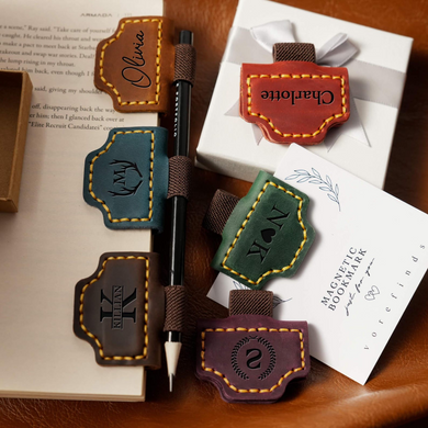 Personalized Leather Magnetic Bookmark with Pen Clip