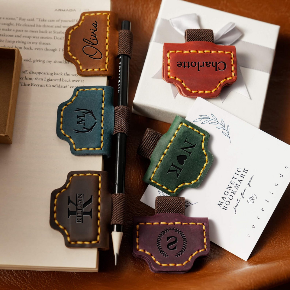 Personalized Leather Magnetic Bookmark with Pen Clip