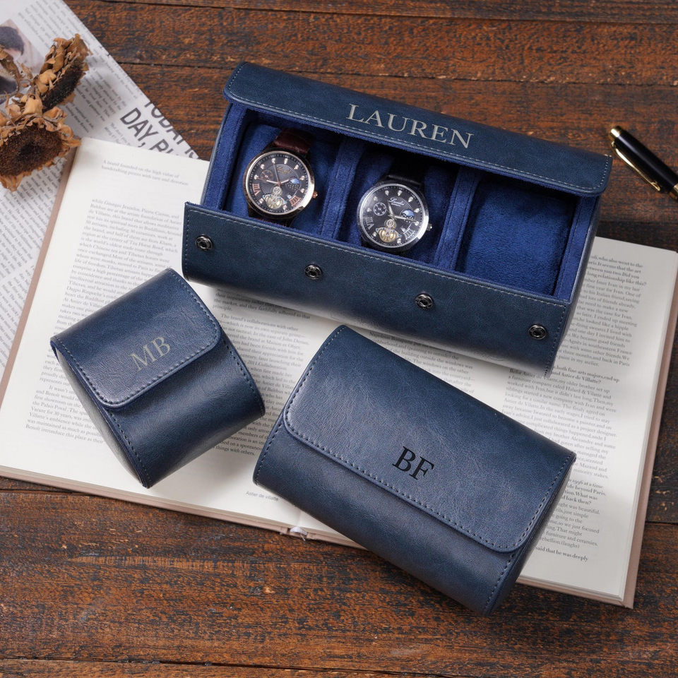 Personalized Green Leather Watch Box & Travel Roll