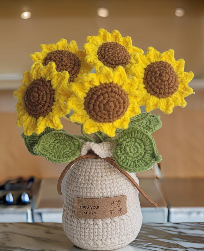 Handmade Crochet Sunflower Bouquet in Yarn Vase