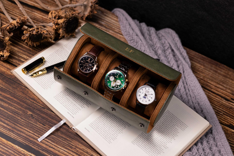 Personalized Green Leather Watch Box & Travel Roll