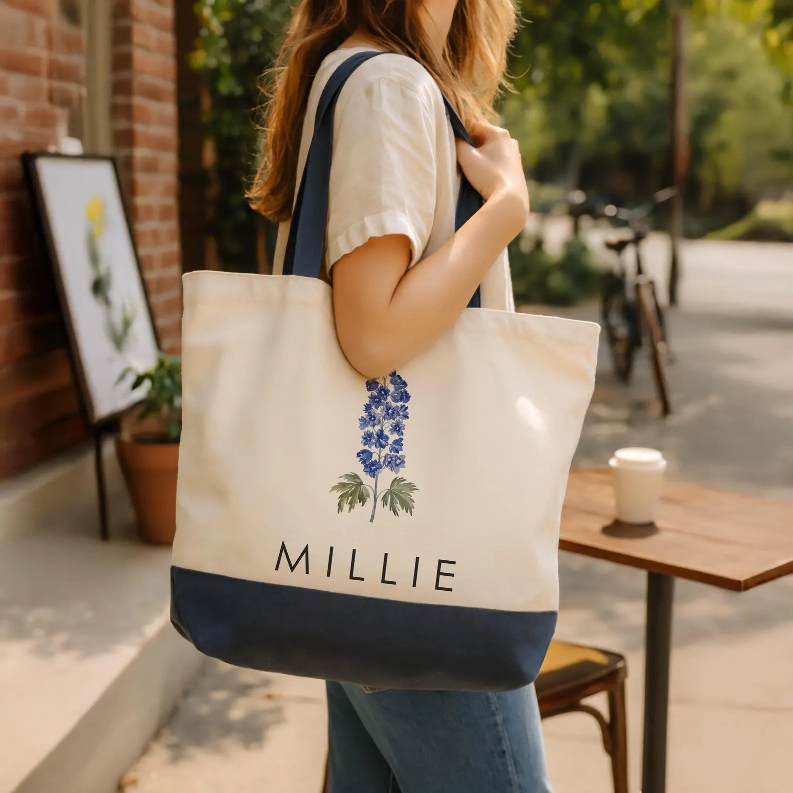 Birth Month Flower Canvas Tote Bag with Custom Name