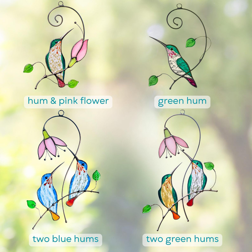 Hummingbird Stained Glass Flower Suncatcher Window Decor