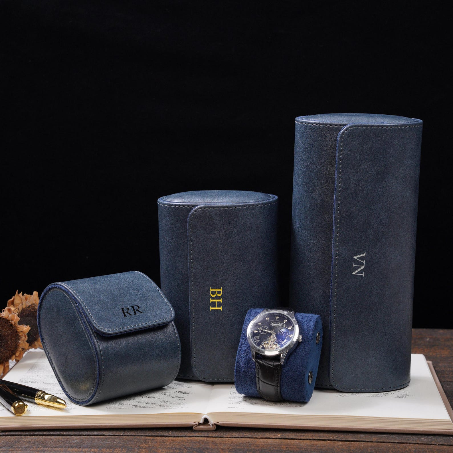 Personalized Green Leather Watch Box & Travel Roll