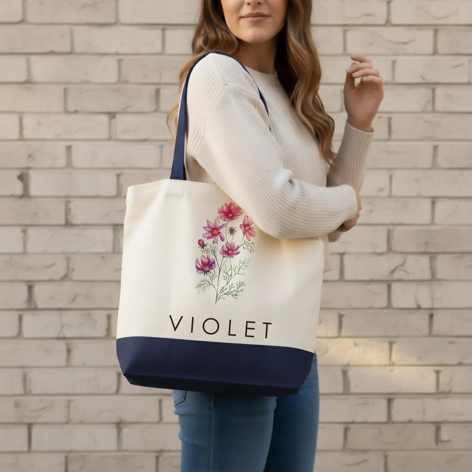 Birth Month Flower Canvas Tote Bag with Custom Name