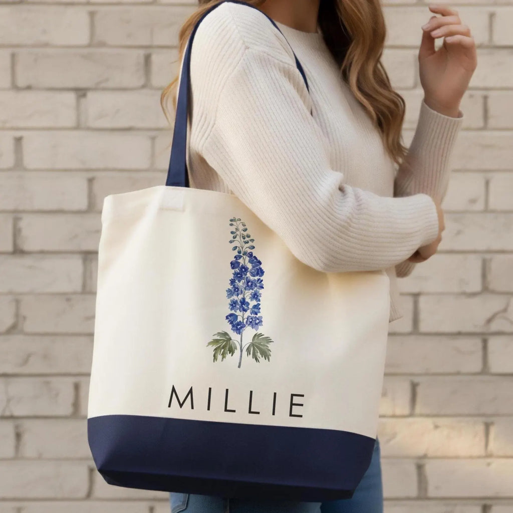 Birth Month Flower Canvas Tote Bag with Custom Name