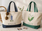 Birth Month Flower Canvas Tote Bag with Custom Name