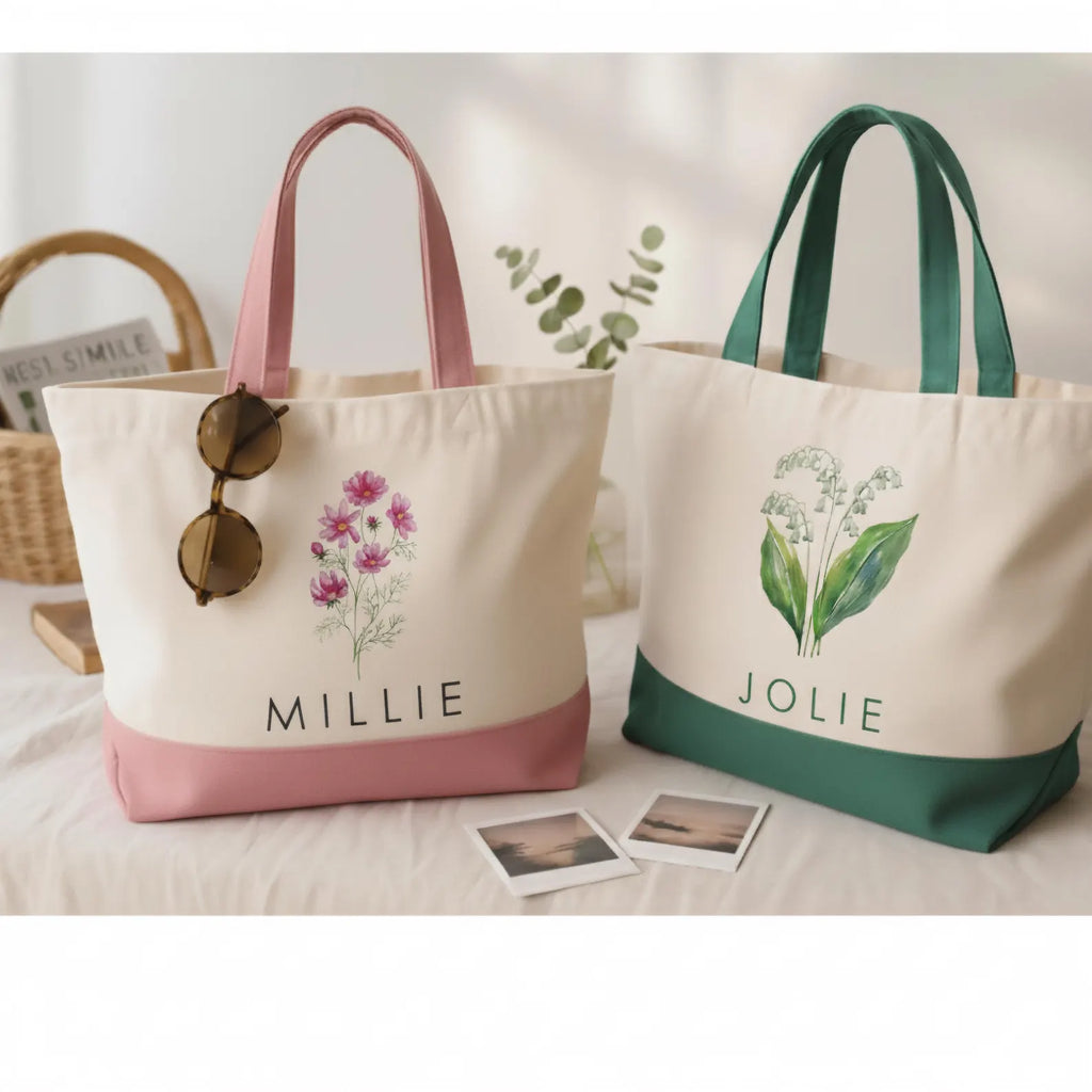 Birth Month Flower Canvas Tote Bag with Custom Name