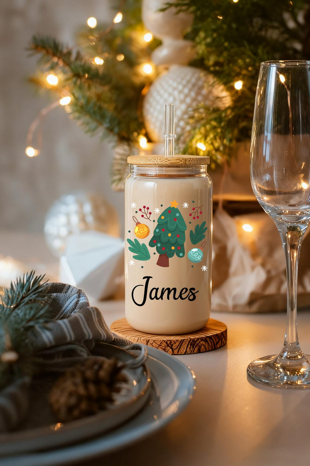 Personalized Christmas Tumblers Iced Coffee Glass Cup with Lid Gift for Friends