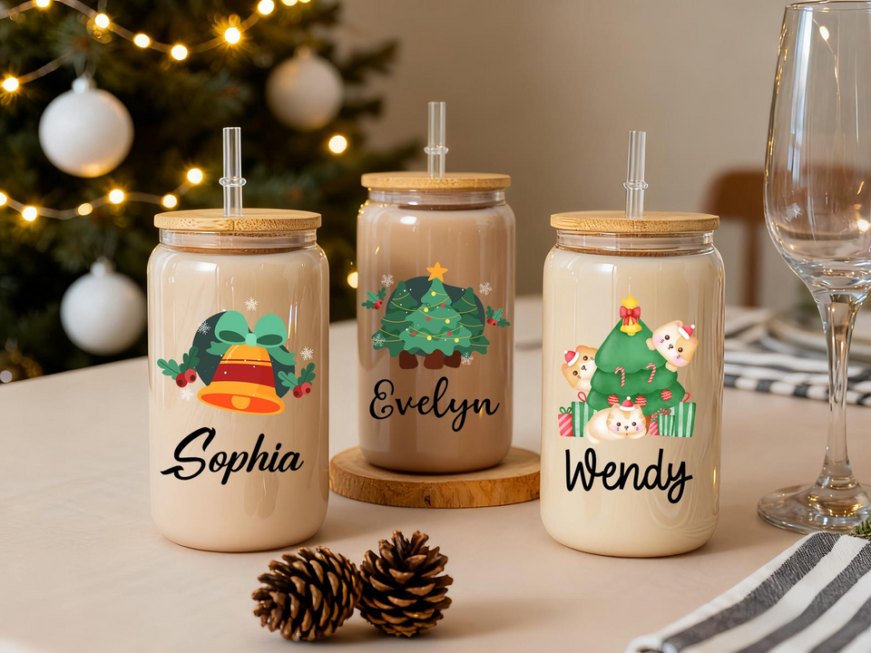 Personalized Christmas Tumblers Iced Coffee Glass Cup with Lid Gift for Friends
