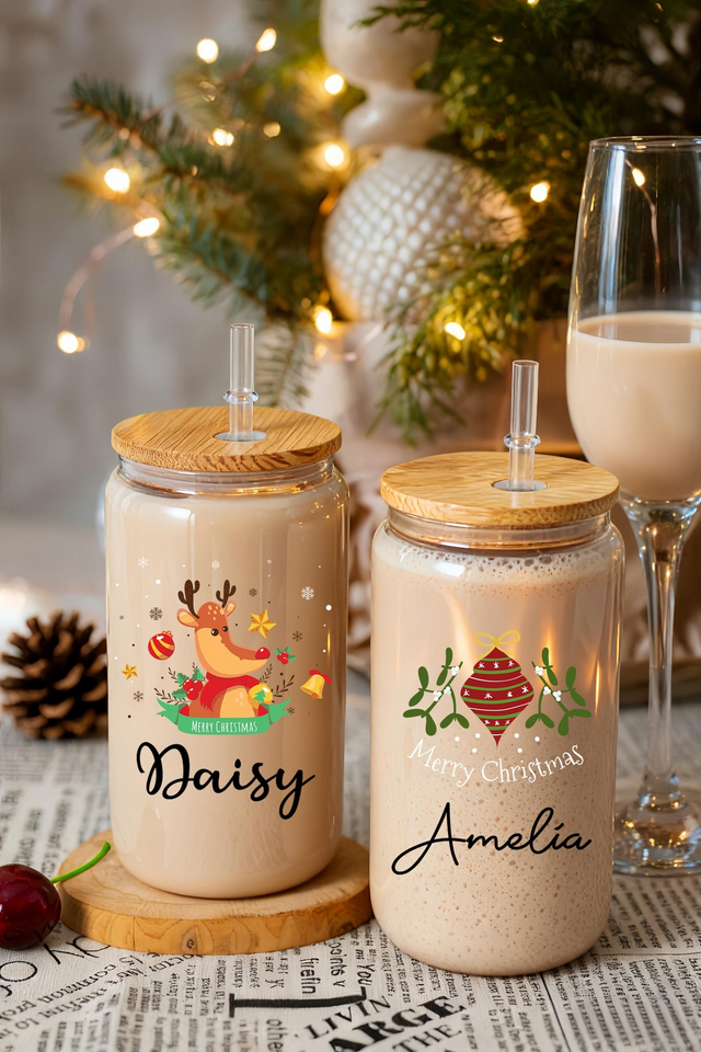 Personalized Christmas Tumblers Iced Coffee Glass Cup with Lid Gift for Friends