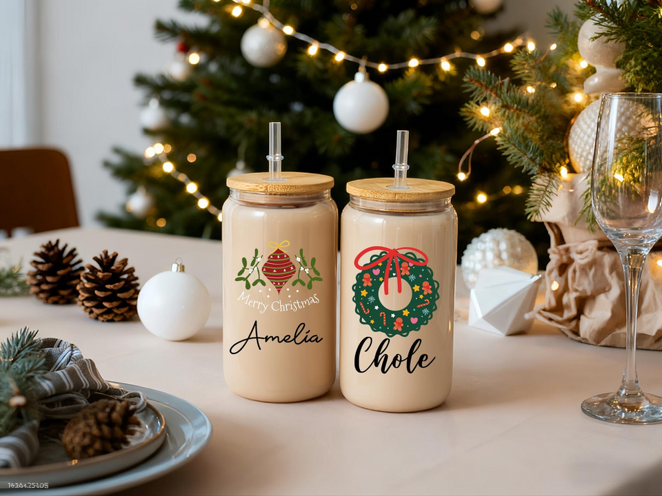 Personalized Christmas Tumblers Iced Coffee Glass Cup with Lid Gift for Friends