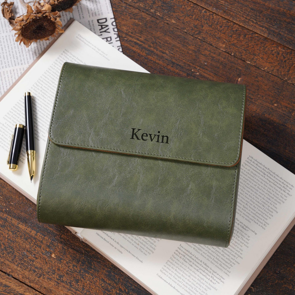Personalized Green Leather Watch Box & Travel Roll