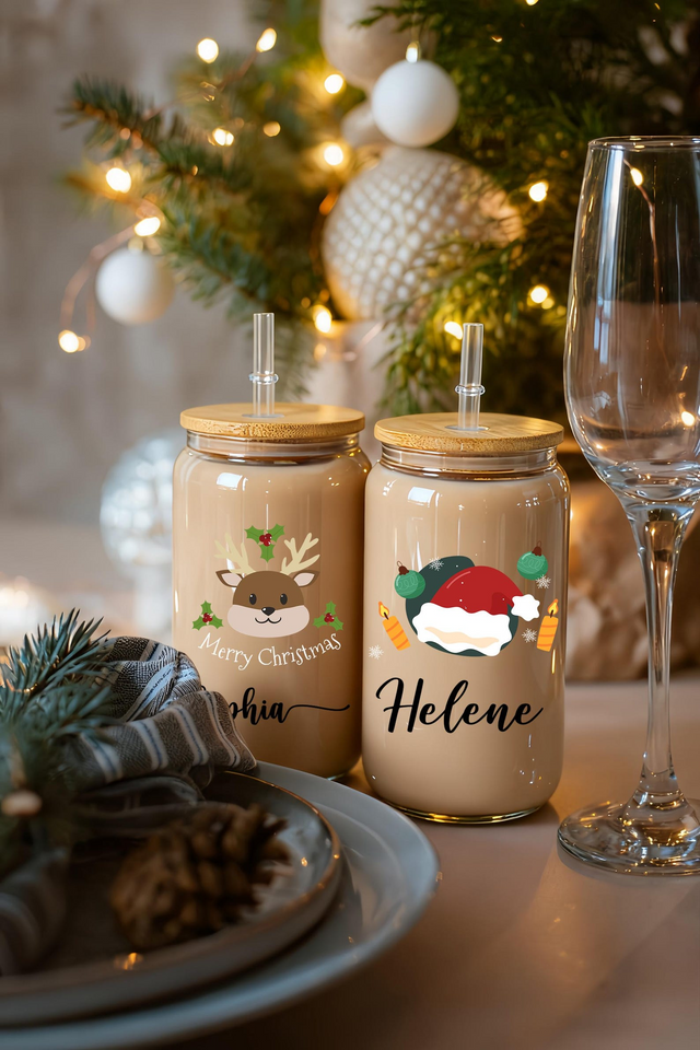 Personalized Christmas Tumblers Iced Coffee Glass Cup with Lid Gift for Friends