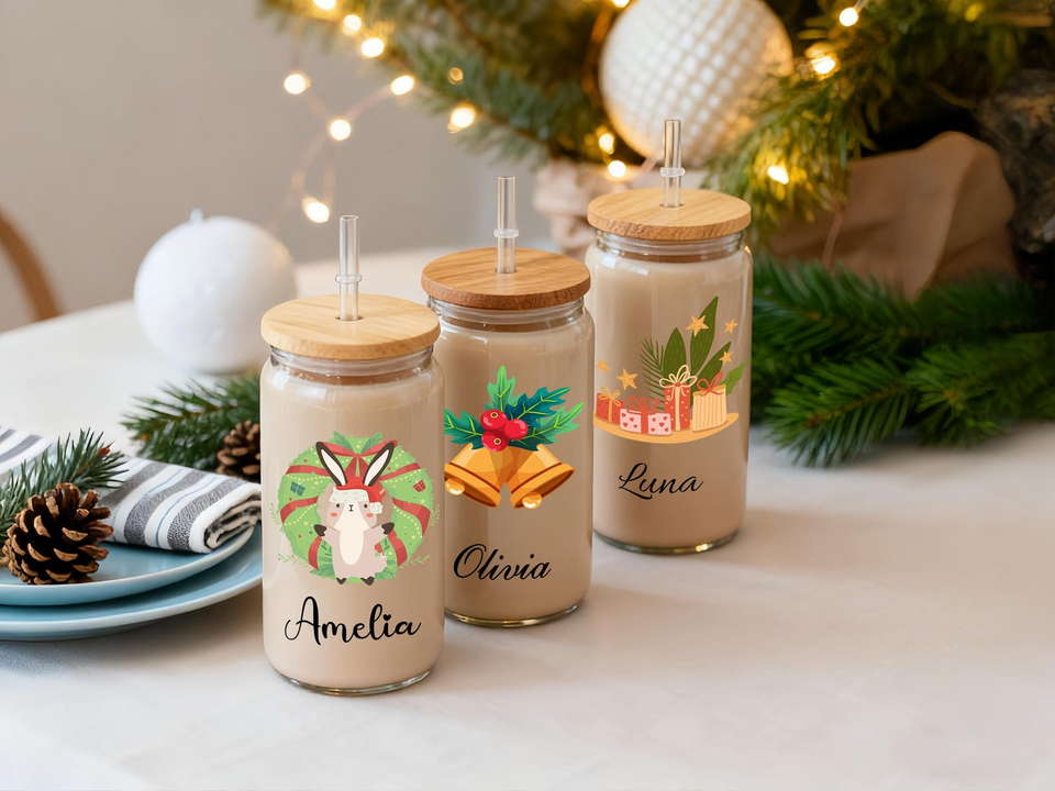 Personalized Christmas Tumblers Iced Coffee Glass Cup with Lid Gift for Friends