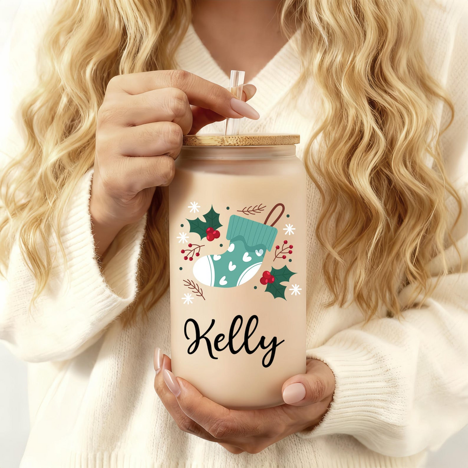 Personalized Christmas Tumblers Iced Coffee Glass Cup with Lid Gift for Friends