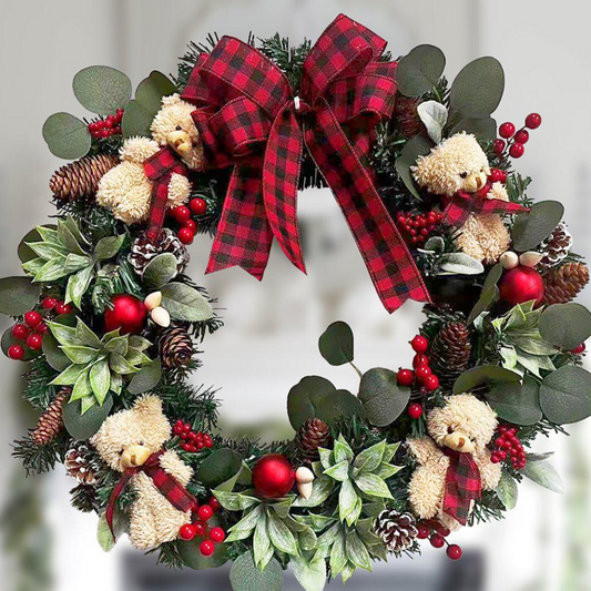 Handcrafted Christmas Wreath with Bears and Plaid Bow Holiday Decor