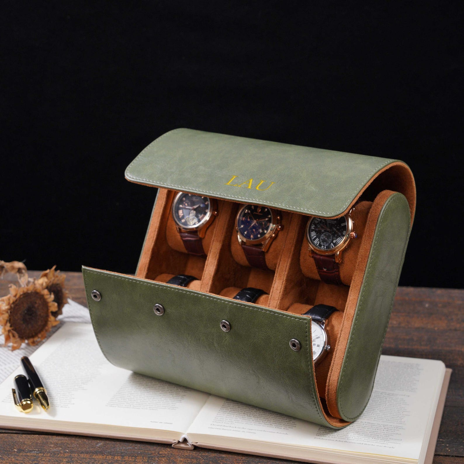 Personalized Green Leather Watch Box & Travel Roll