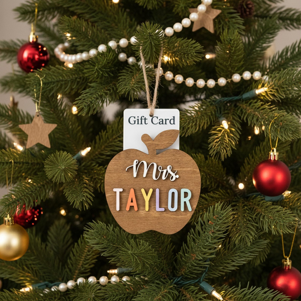 Personalized Teacher Ornament Gift Card Holder Christmas Apple Decor
